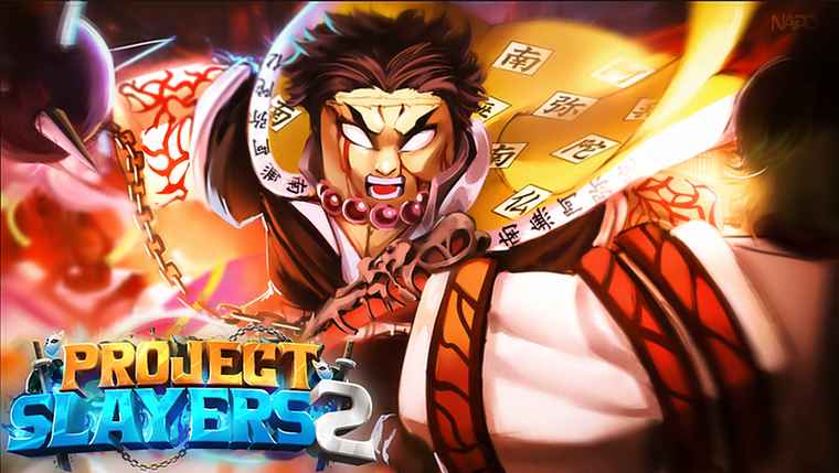 A huge bald monk with prayer beads and a chained axe, surrounded by fire and paper talismans, with the Project Slayers 2 logo